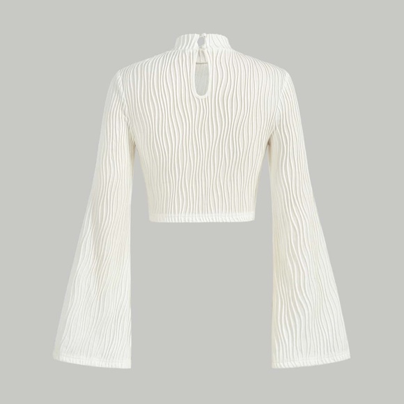 SHEIN Ivory Textured Mock Neck Keyhole Back Flounce Sleeve Crop Top - Picture 4 of 12